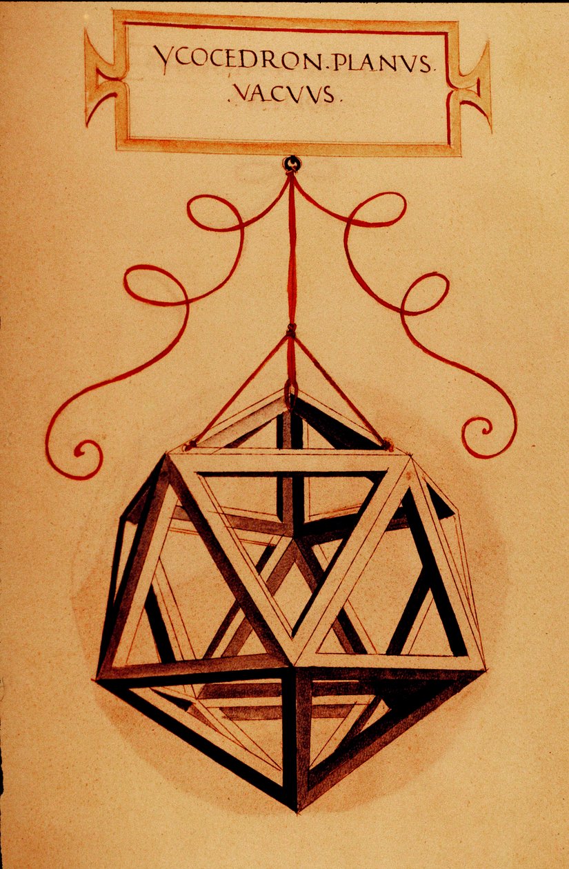 Geometria: "An Icosahedron" Página retirada do manuscrito "De divina proportione" (Sobre proporções divinas) do matemático Fra Luca Pacioli dit Luca di Borgo (1445-1517) ilustrado por Leonardo da Vinci (1452-1519).1509. de Leonardo da Vinci