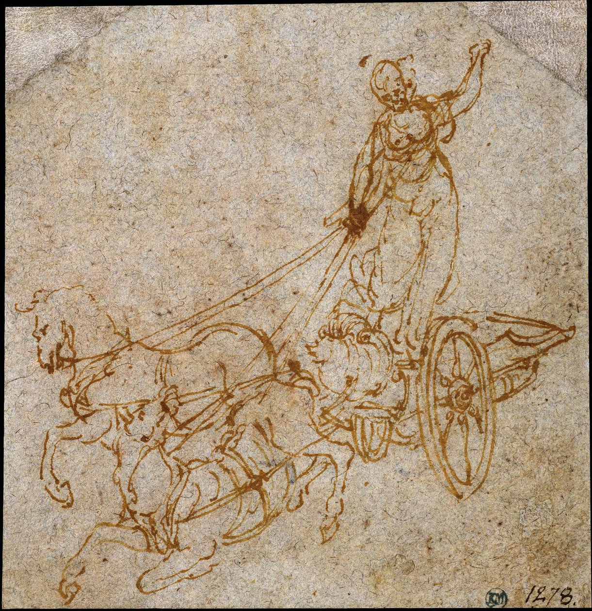 Deusa em pé numa carruagem puxada por dois cavalos, um dos quais está a cair de Leonardo da Vinci