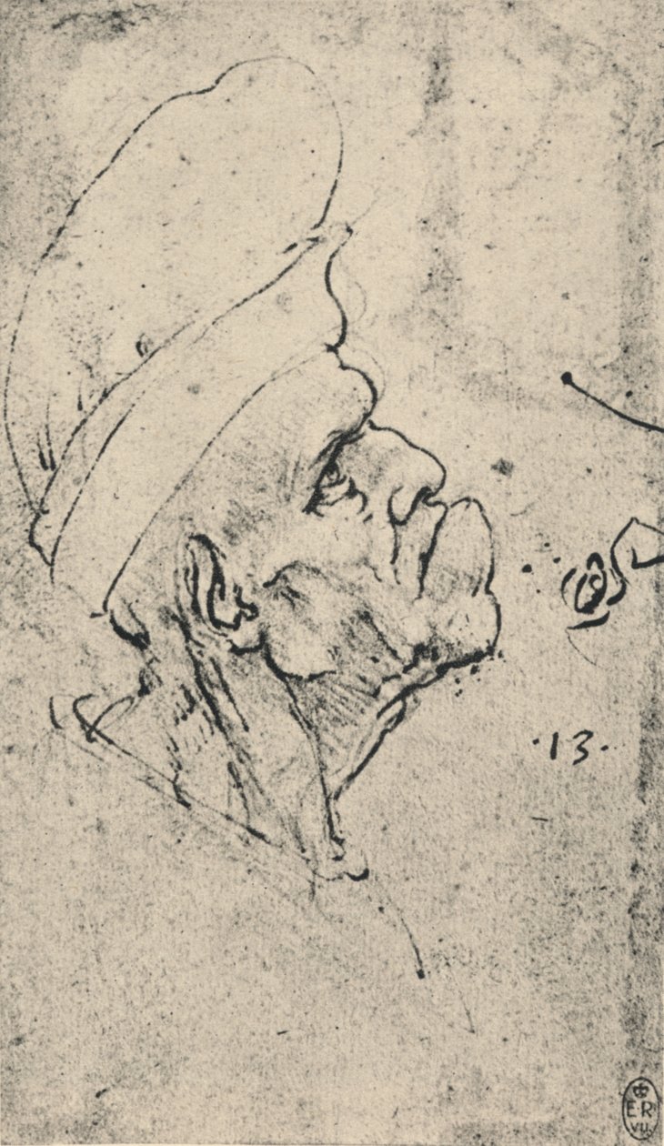 Perfil grotesco de um homem usando um chapéu para a direita, c1480 1945 de Leonardo da Vinci