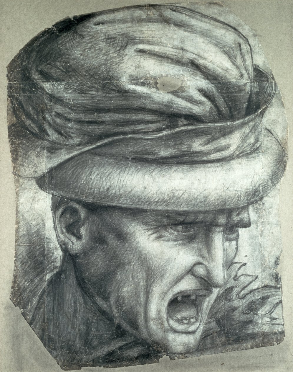Cabeça de um guerreiro, cópia de um detalhe da "Batalha de Anghiari" (giz preto sobre papel) de Leonardo da Vinci