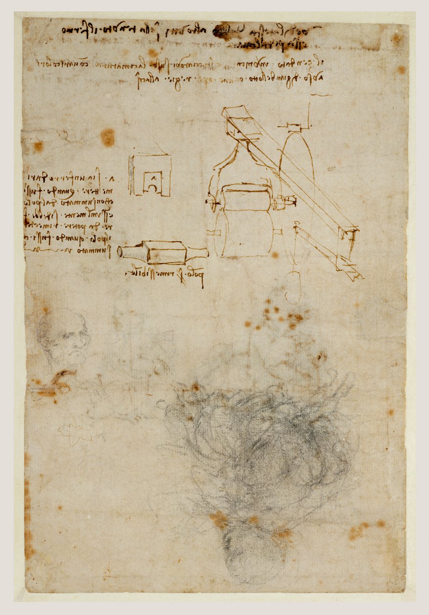 Chefe de um velho e estudos de máquinas, c.1503-06 (giz preto, caneta e tinta marrom) de Leonardo da Vinci