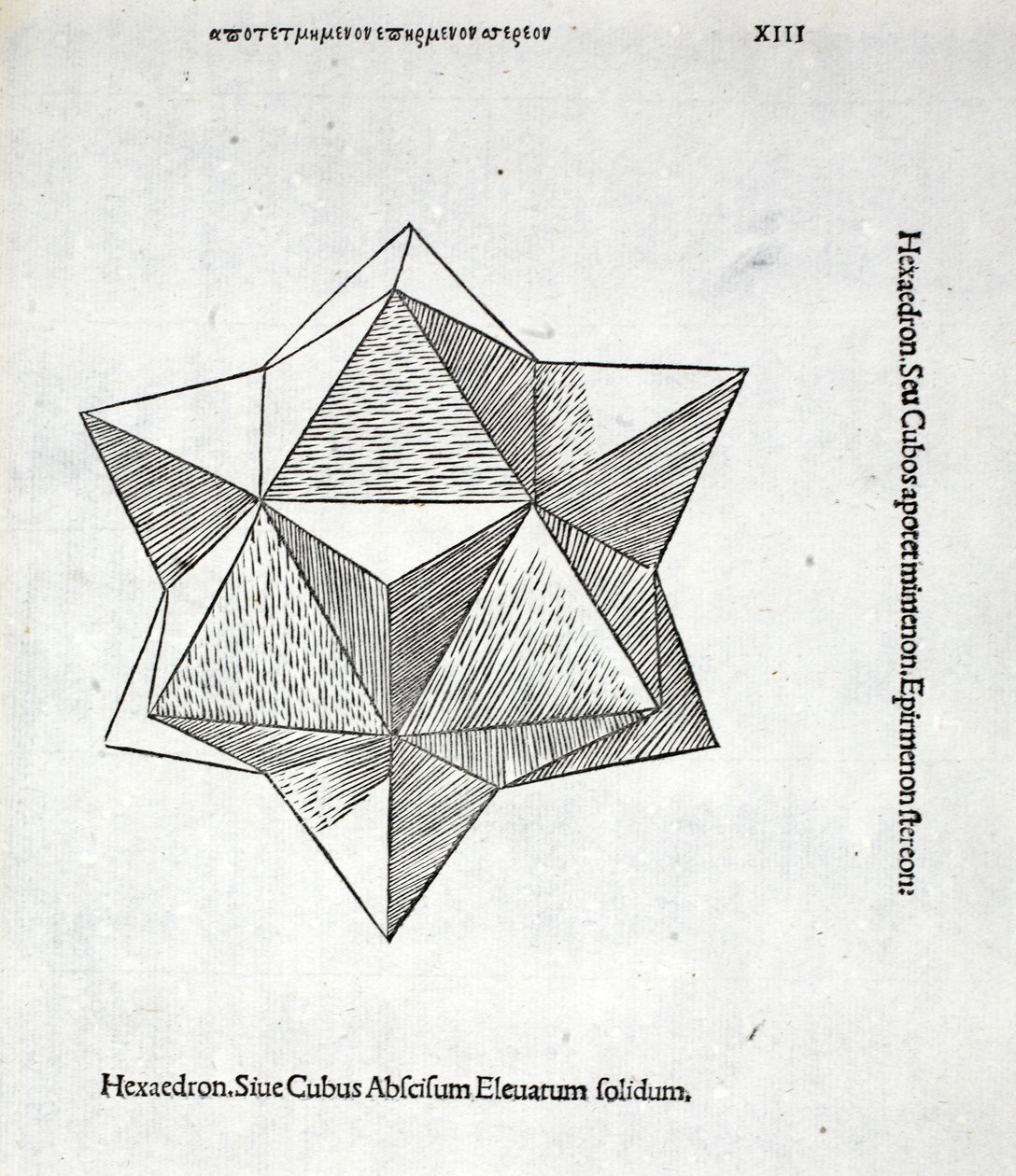 Hexaedron tirado inteiramente de uma &39;proporção divina&39; por Luca Pacioli (c.1445-1517), originalmente pub. Veneza de 1509 de Leonardo da Vinci