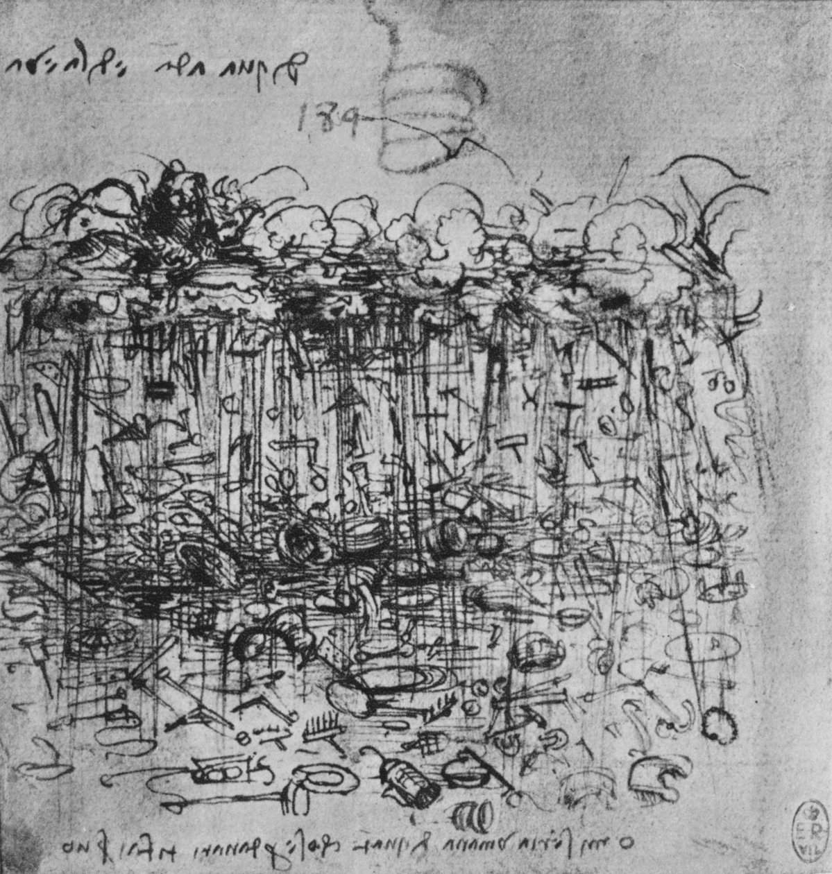 Implementos choveu abaixo a terra das nuvens, c1480 1945 de Leonardo da Vinci