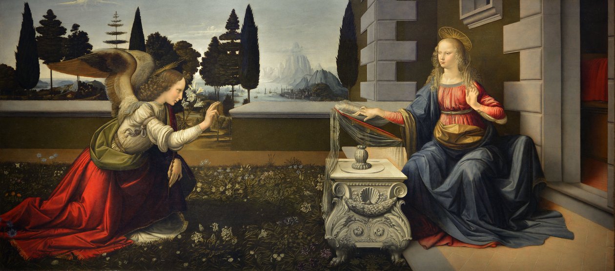 Itália Toscana Florença, Galeria Uffizi: A Anunciação, Pintura de Leonardo da Vinci (1452-1519), Óleo sobre madeira, ca. 1472-1475, 98x217 cm de Leonardo da Vinci