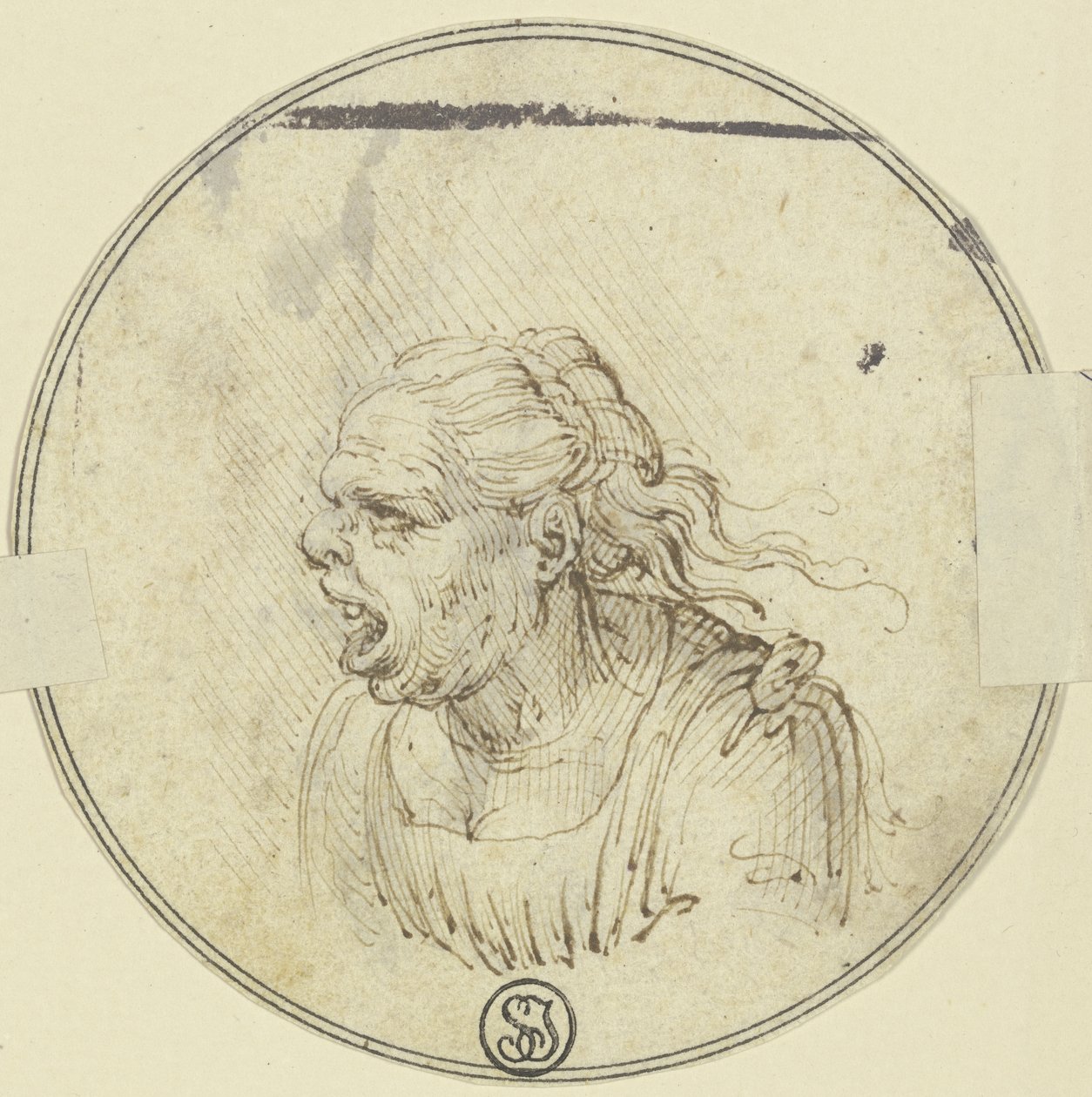 Caricatura de uma mulher com a boca aberta, retrato do peito, de perfil para a esquerda de Leonardo da Vinci