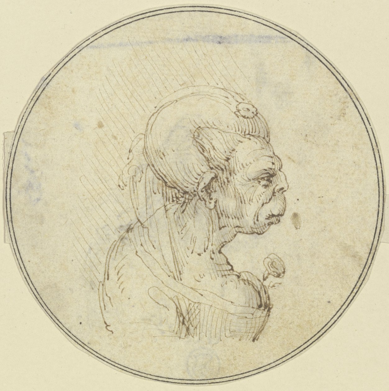 Caricatura de uma mulher idosa, retrato do peito com uma rosa no colo, de perfil para a direita de Leonardo da Vinci