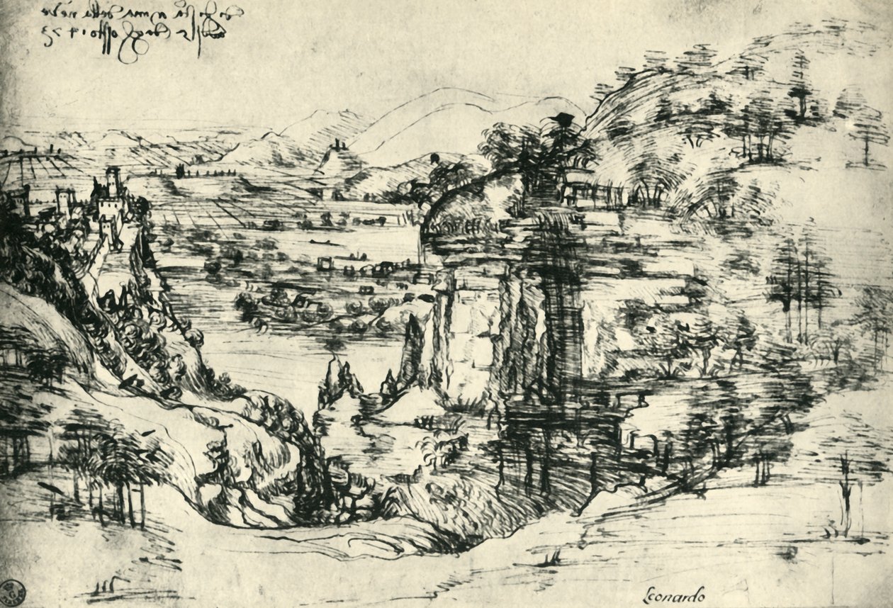Desenho de paisagem para Santa Maria della Neve em 5 de agosto de 1473, 1943. de Leonardo da Vinci