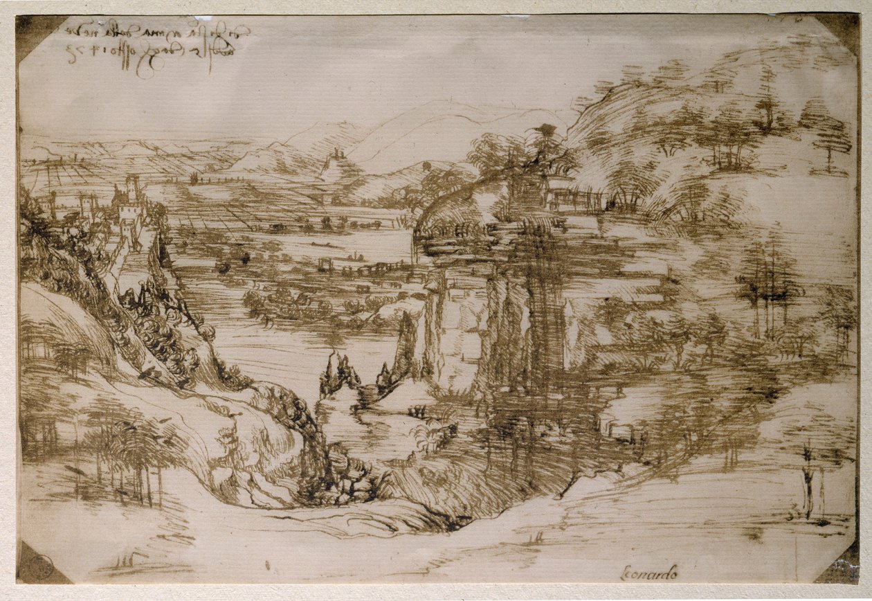 Paisagem de Santa Maria della Neve: a paisagem do Vale do Arno (desenho a lápis de Leonardo da Vinci