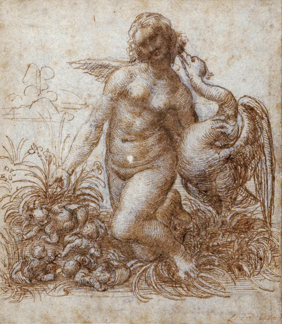 Leda e o cisne (caneta e tinta castanha sobre giz preto no papel) de Leonardo da Vinci