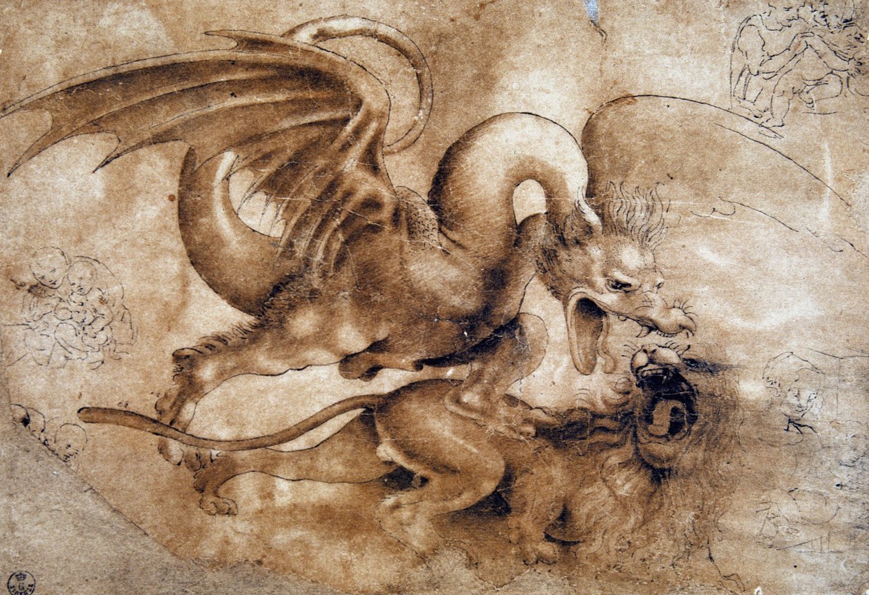 Leonardo da Vinci (Leonardo da Vinci) (1452 - 1519): Luta entre um leão e um dragão, GDSU 435 E (Immagina) de Leonardo da Vinci