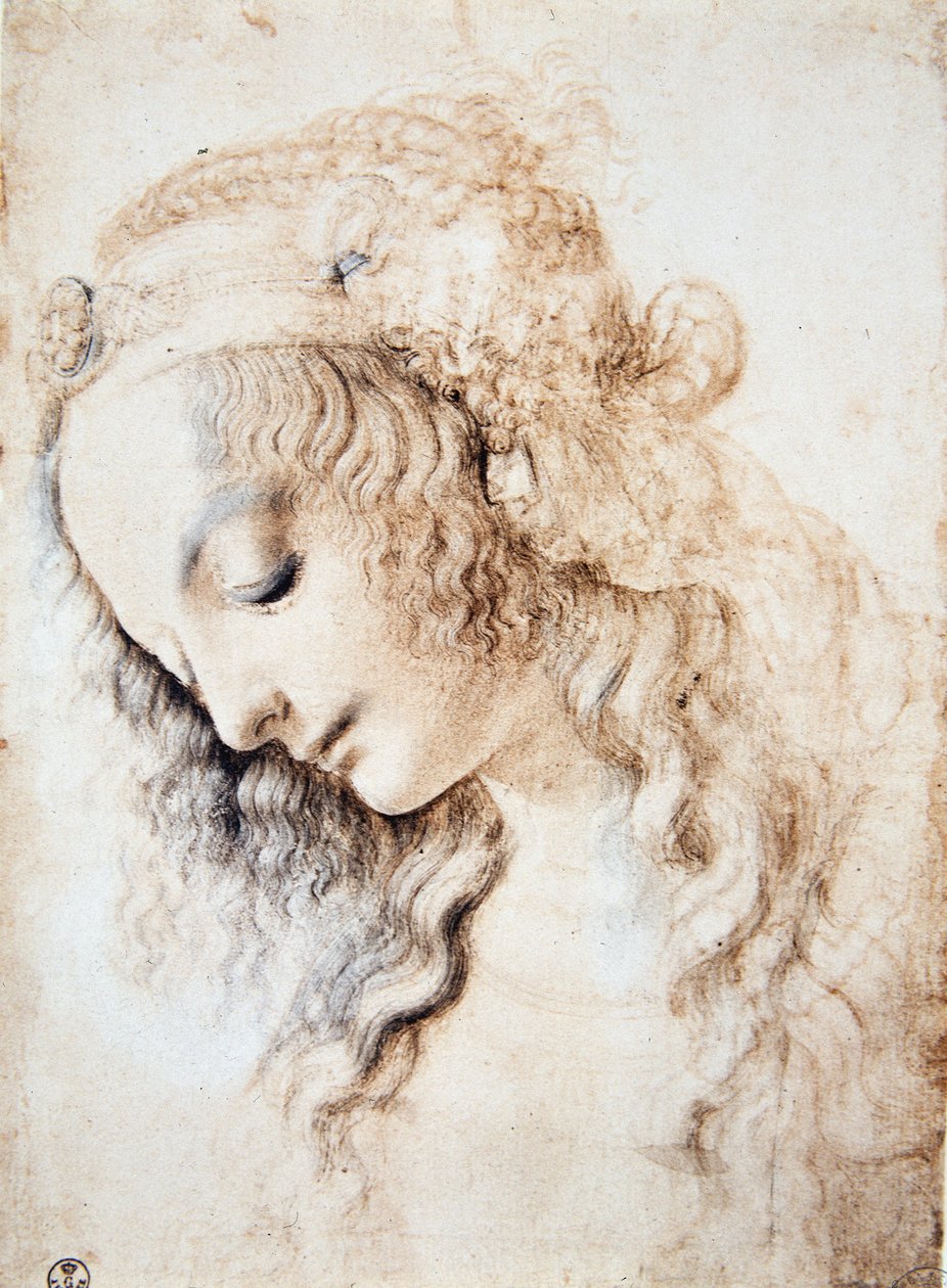 Leonardo da Vinci (Leonardo da Vinci) (1452 - 1519): Retrato de uma menina de olhos fechados e cabeça para baixo com o cabelo enfeitado com uma faixa enriquecida com jóias (Immagina) de Leonardo da Vinci