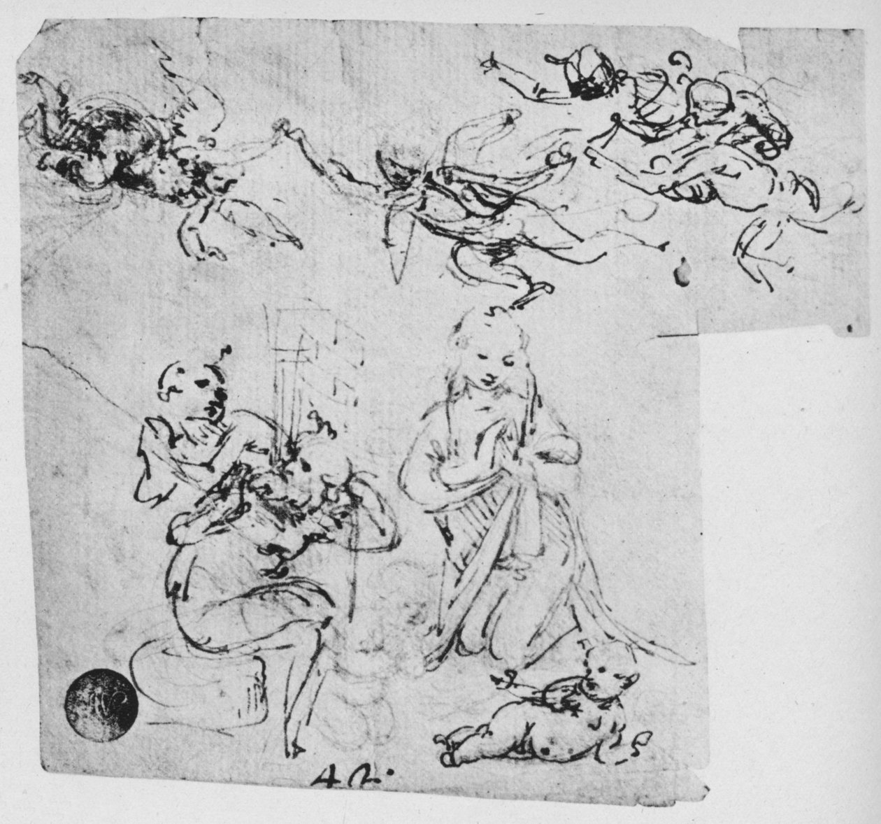 Madonna adorando o Cristo infantil e outras figuras, c1480 1945 de Leonardo da Vinci