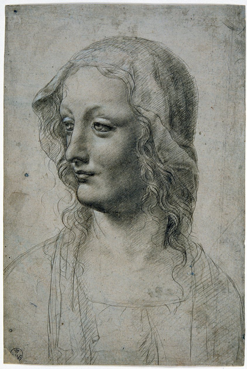 Maestro della Pala Sforzesca (aluna milanesa de Leonardo da Vinci), cabeça feminina com véu talvez um estudo para a Virgem, GDSU 426 E de Leonardo da Vinci