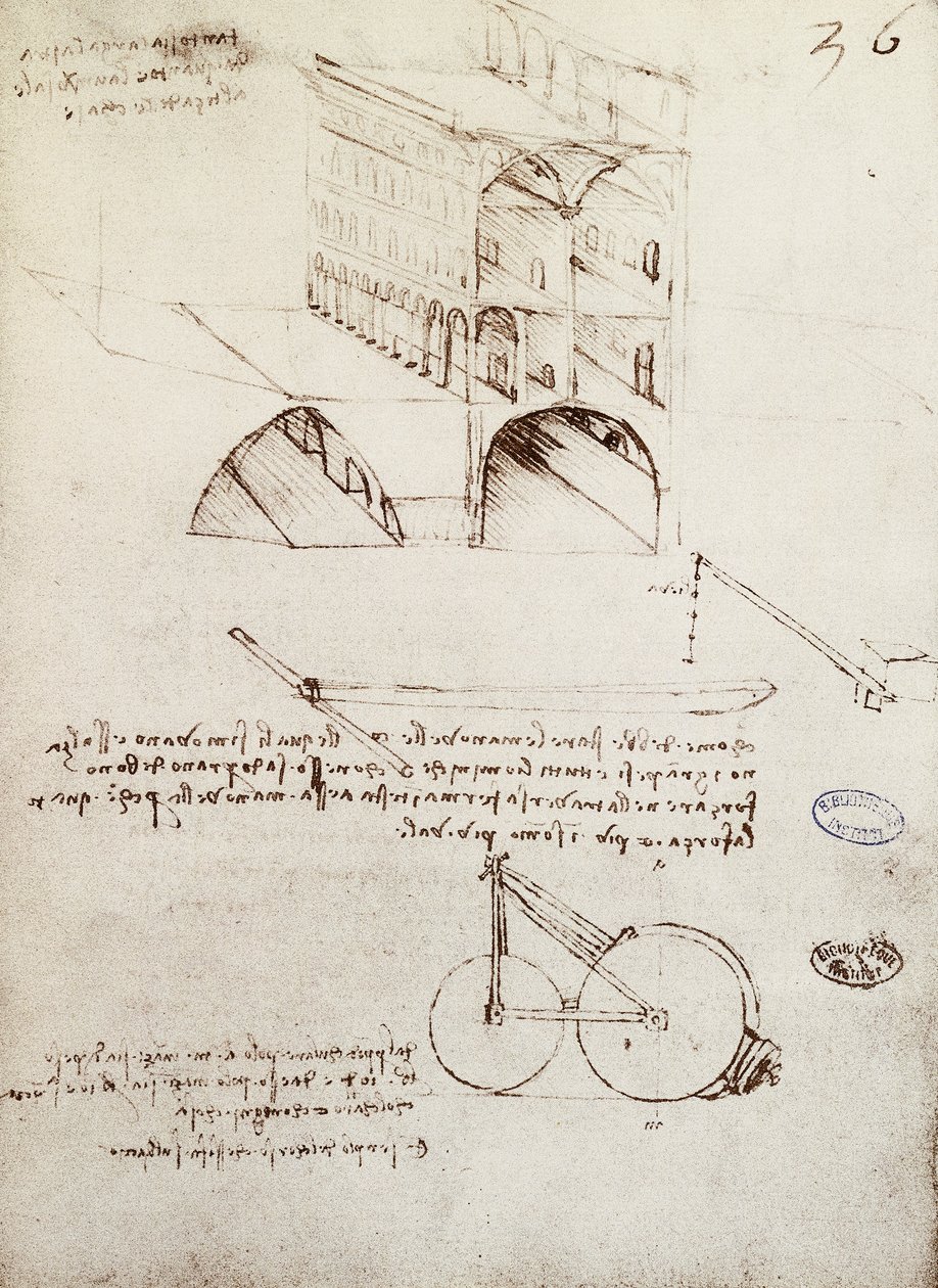 Manuscrito B, f 36 r Estudos arquitetônicos, desenvolvimento e seções de edifícios na cidade com ruas elevadas (caneta e tinta sobre papel) de Leonardo da Vinci