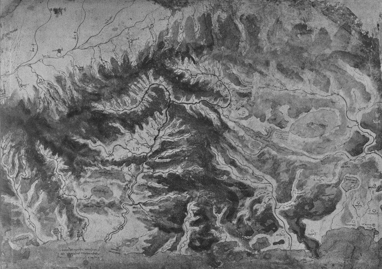 Mapa do norte da Itália, mostrando a bacia hidrográfica do Arno, c1480 1945 de Leonardo da Vinci