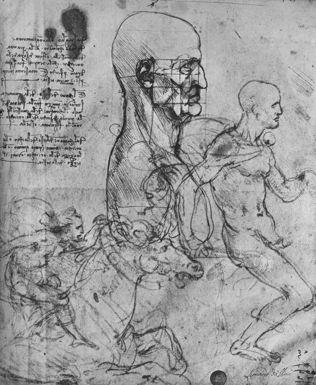 Perfil de um homem ao quadrado para proporção e estudos de cavaleiros, c1480 1945 de Leonardo da Vinci