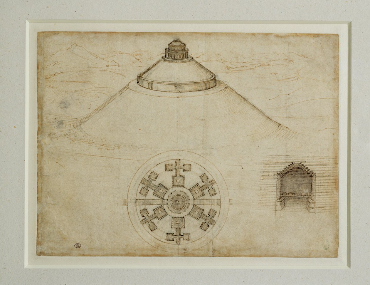 Projeto de um túmulo em planta central; alçado ... de Leonardo da Vinci