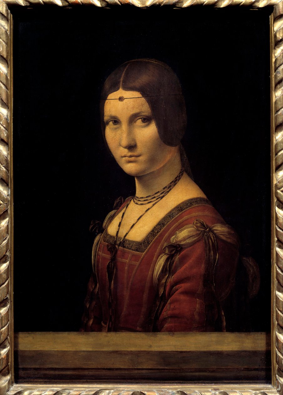 Ritratto di dama. Retrato de uma senhora da corte de Milão, disse erroneamente "a bela ferragem". Pintura de Leonardo da Vinci (1452-1519) Sol do século XV. 0,63x0,45m. - Ritratto di dama. Retrato de uma senhora da corte de Milão, w de Leonardo da Vinci