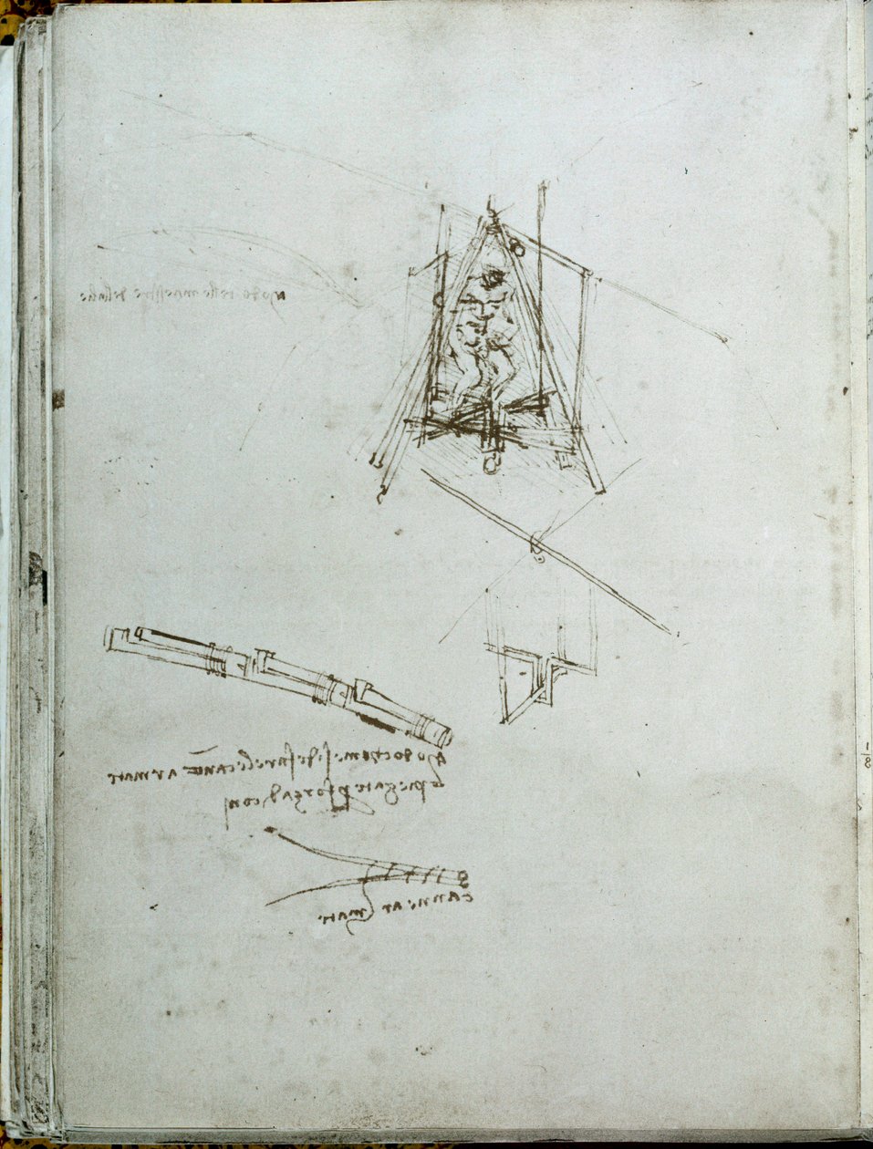 Ciência e tecnologia: manuscrito sobre máquinas voadoras, antepassado do helicóptero. Livro de Leonardo da Vinci (Leonardo da Vinci) (1452-1519). Por volta de 1487. Paris, Biblioteca do Institut de France. de Leonardo da Vinci