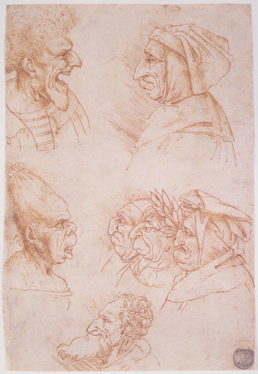 Sete Estudos de Faces Grotescas (giz vermelho sobre papel) de Leonardo da Vinci