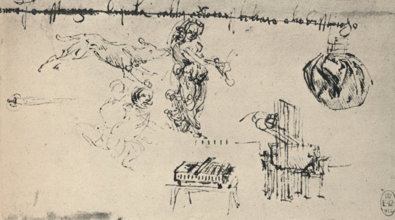 Folha de estudos com uma jovem, A Wolf, Etc., c1480 1945 de Leonardo da Vinci