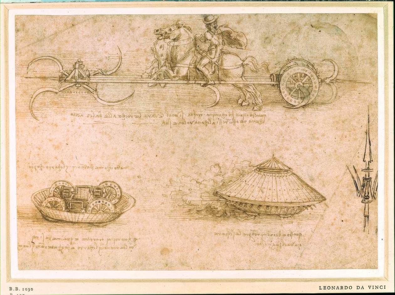 Foice e carro blindado de Leonardo da Vinci