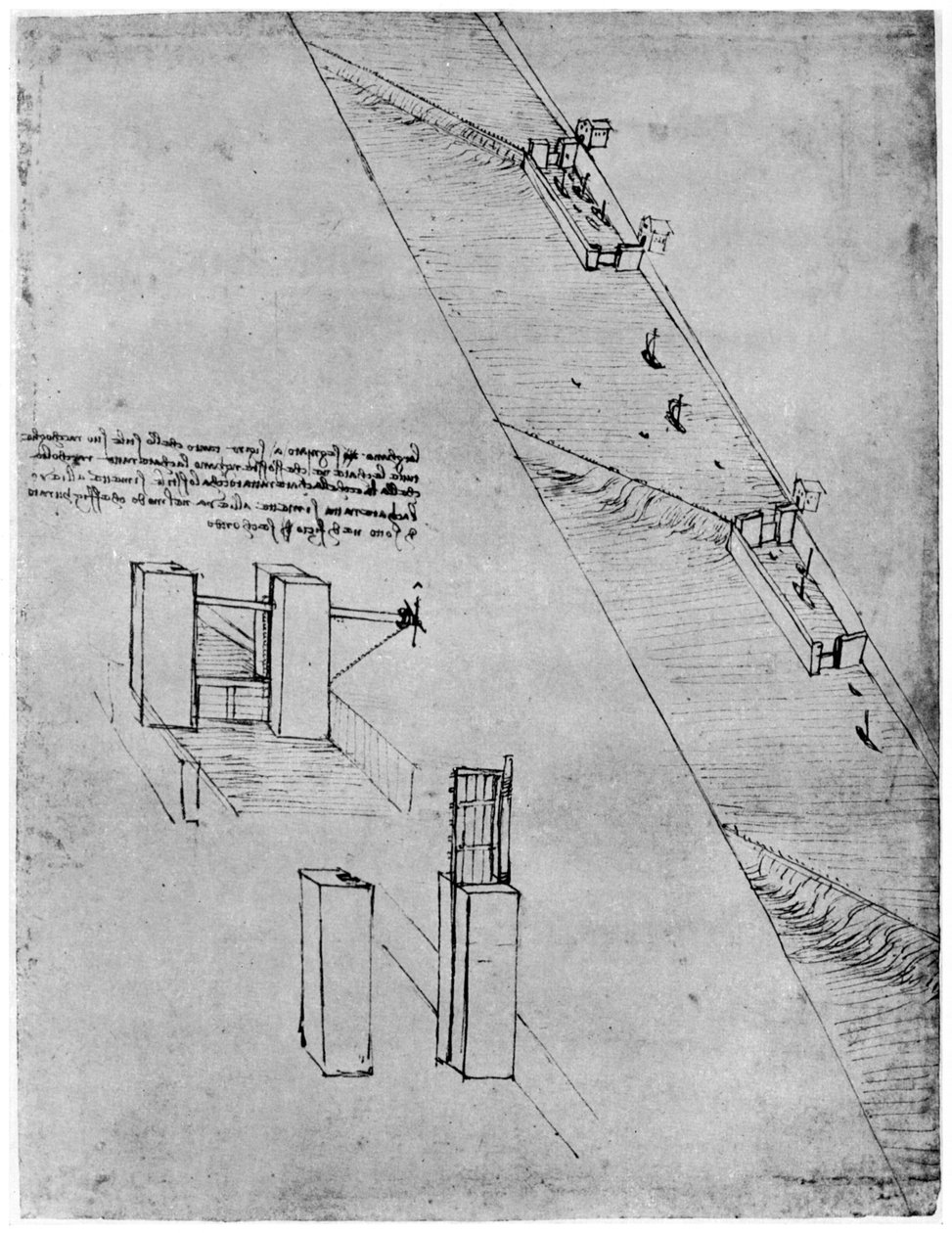Esboço de uma eclusa, final do século XV ou início do século XVI, 1954. de Leonardo da Vinci