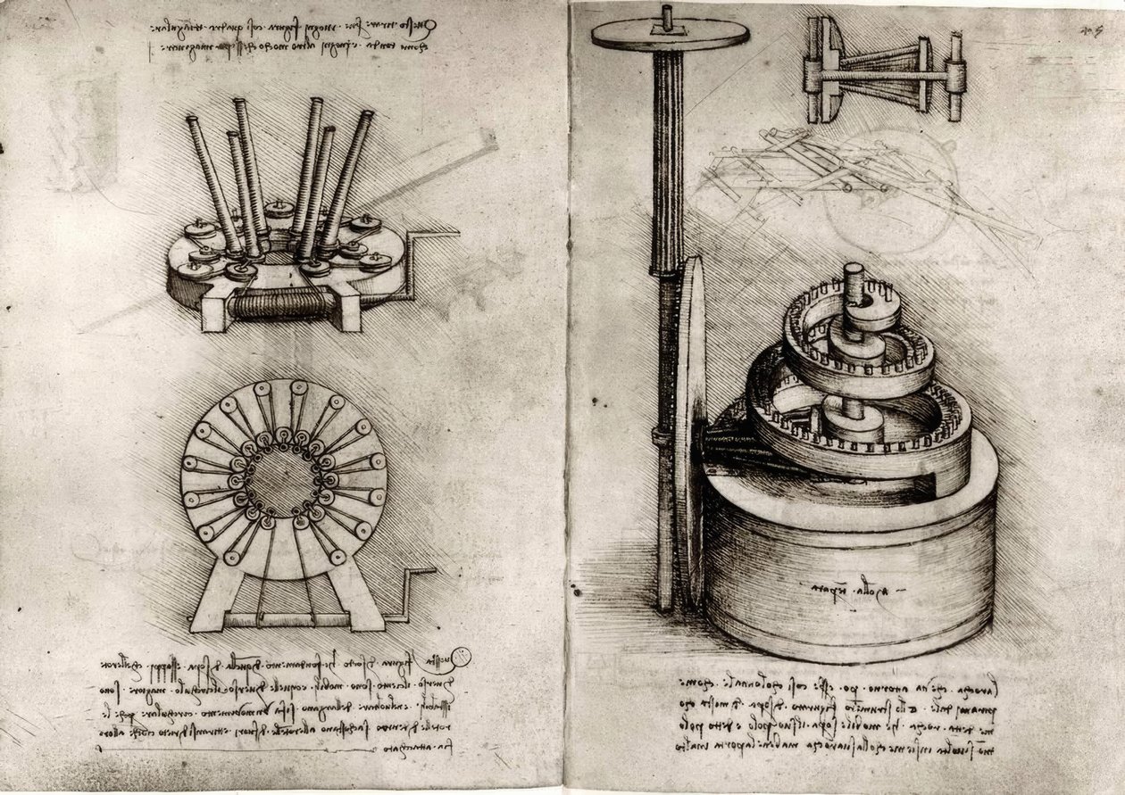 Estudos de mecânica; mola principal direita de um relógio de Leonardo da Vinci