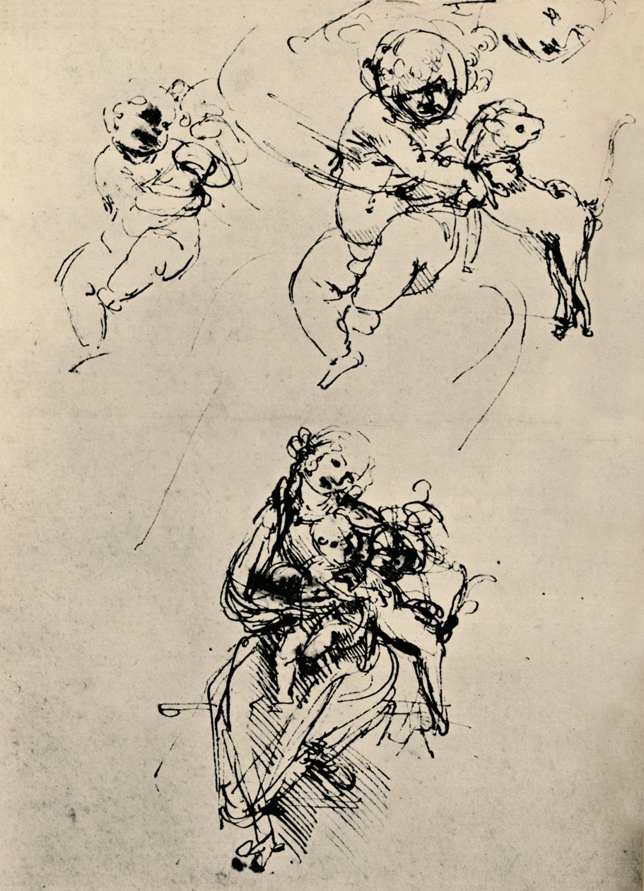 Estudos para uma Madonna e uma criança com um gato, 1478-1480 1945 de Leonardo da Vinci