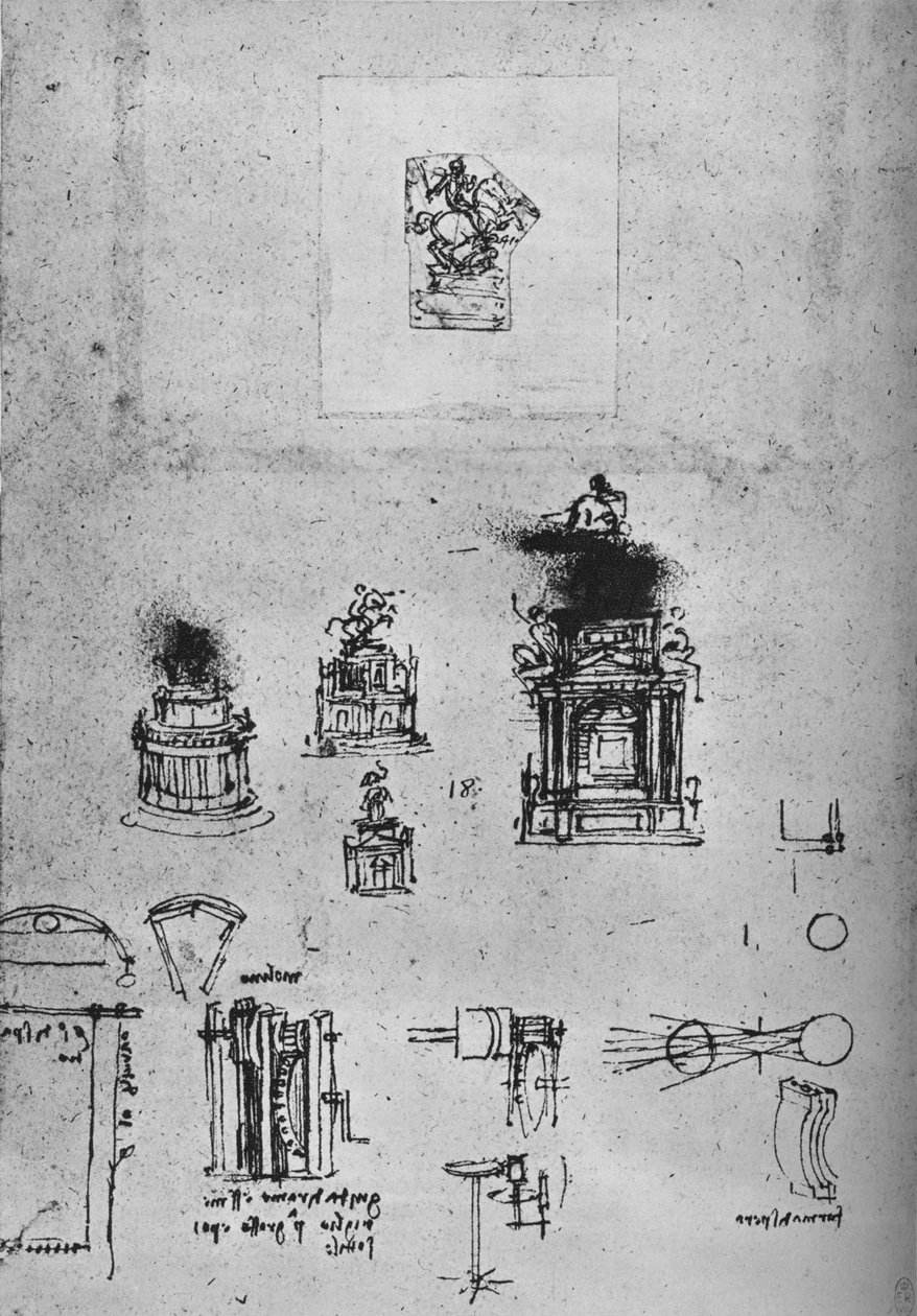 Estudos para um Monumento Equestre e Estudos de Máquinas, c1480 1945 de Leonardo da Vinci