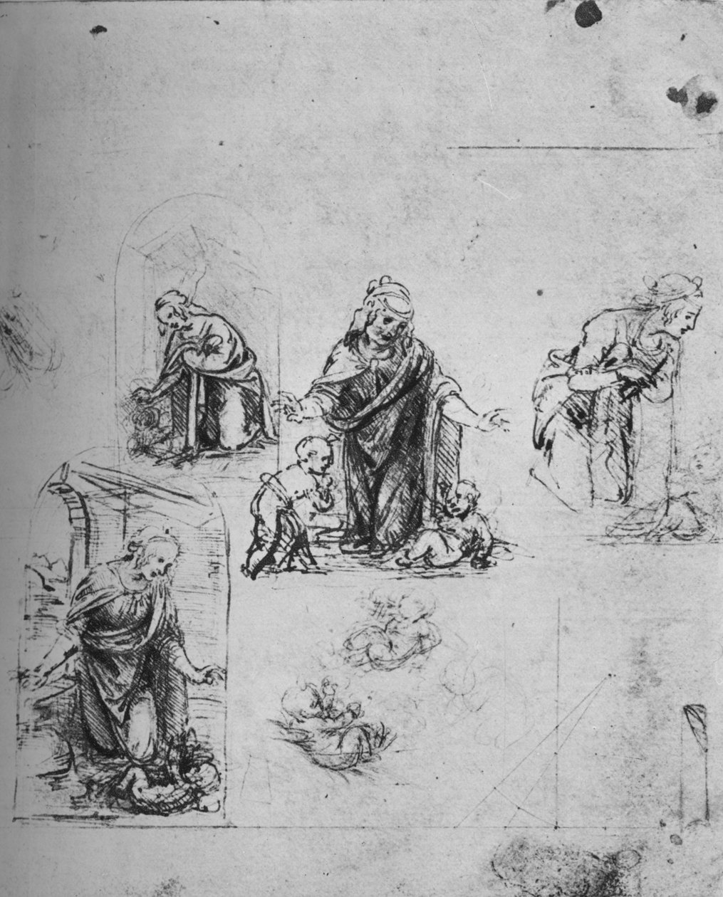 Estudos para a Virgem Adorando o Cristo Infantil, c1480 1945 de Leonardo da Vinci