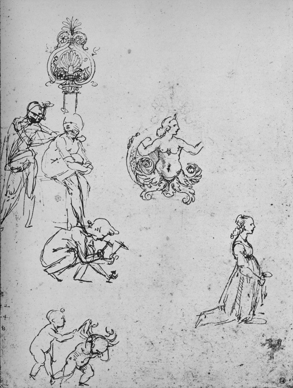Estudos de figuras e decoração, c1480 1945 de Leonardo da Vinci