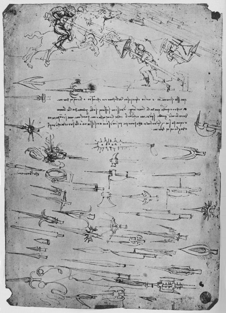 Estudos de soldados de infantaria atacando cavaleiros com lanças às quais escudos, c1480, 1945 de Leonardo da Vinci