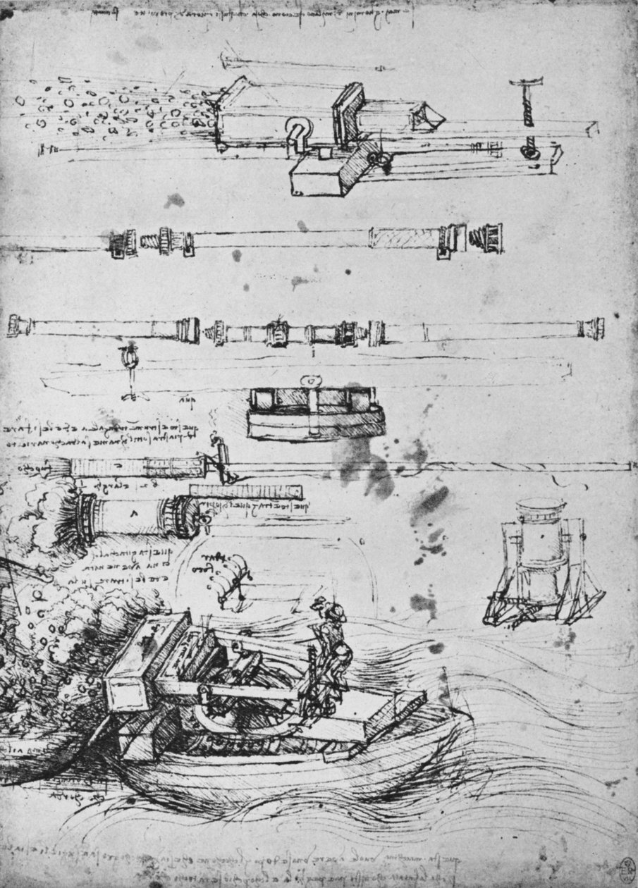 Estudos de morteiros, um disparo de um barco e da Canon, c1480 1945 de Leonardo da Vinci