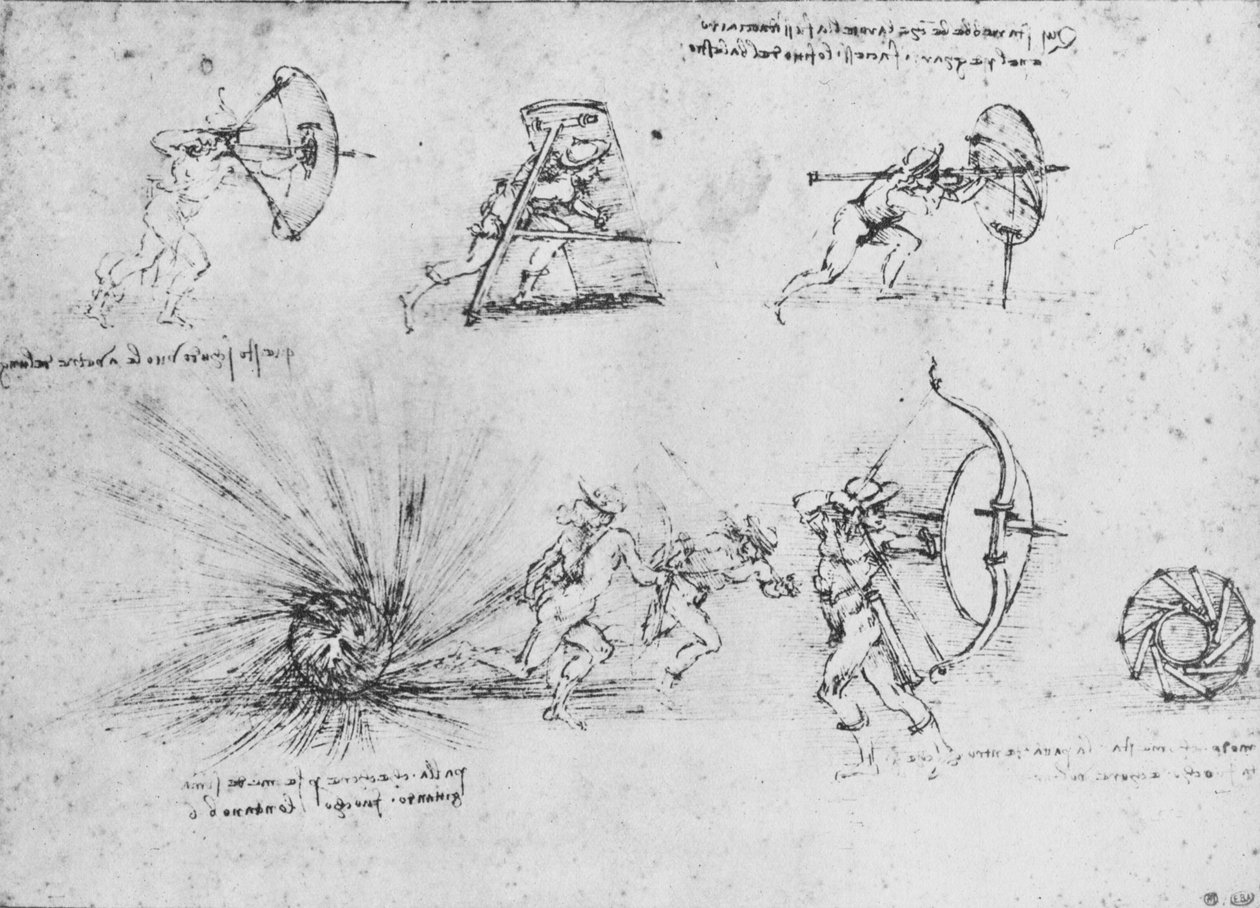 Estudos de escudos para a proteção de soldados de infantaria e de uma bomba explodindo, c1480 1945 de Leonardo da Vinci