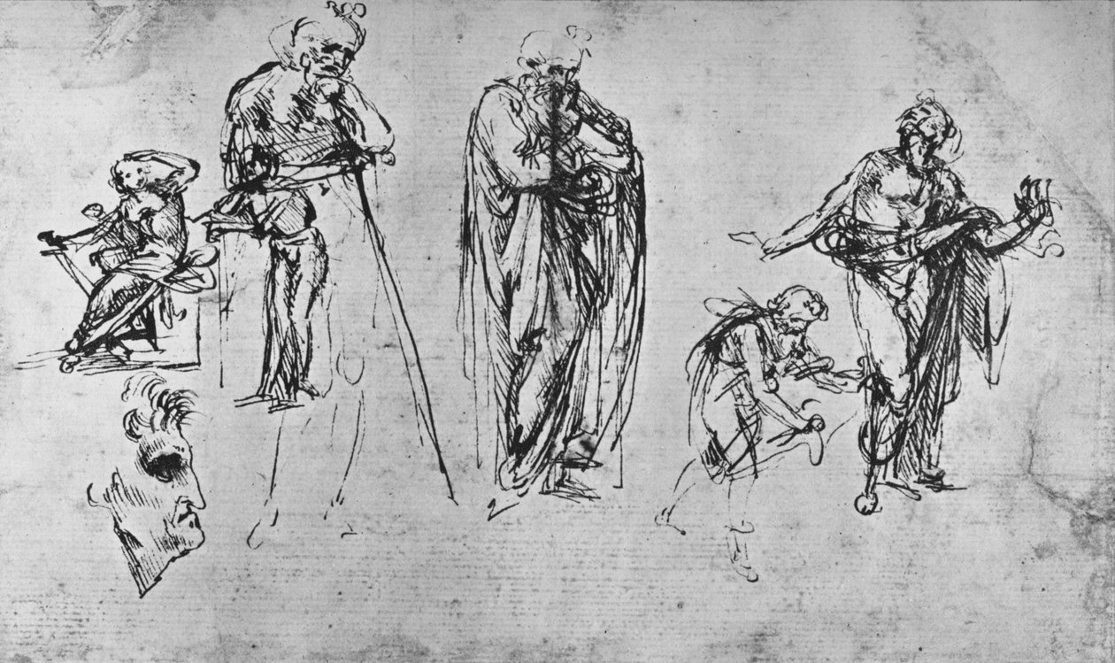 Estudos de figuras individuais e de um perfil, c1480 1945 de Leonardo da Vinci