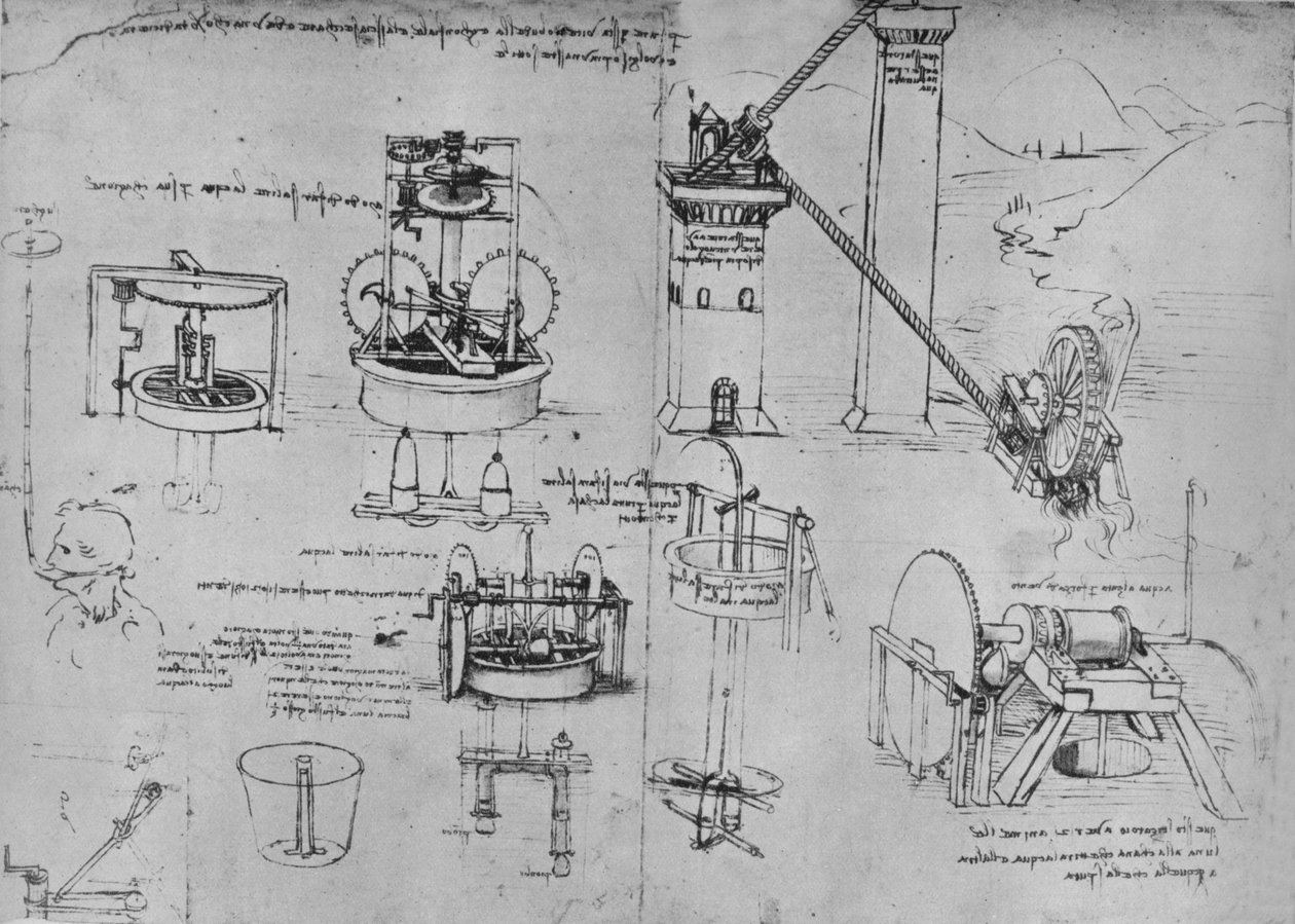 Estudos de bombas de sucção, tubos de Arquimedes, etc., c1480 1945 de Leonardo da Vinci
