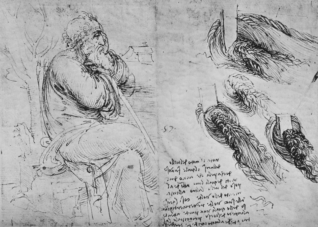 Estudos de um velho sentado e de água em turbilhão, c1480 1945 de Leonardo da Vinci