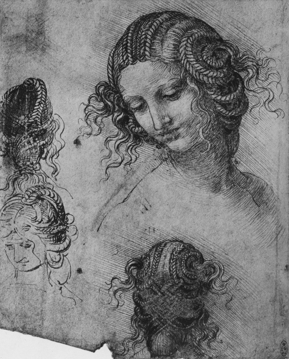 Estudos da cabeça e do penteado de uma mulher, c1480 1945 de Leonardo da Vinci