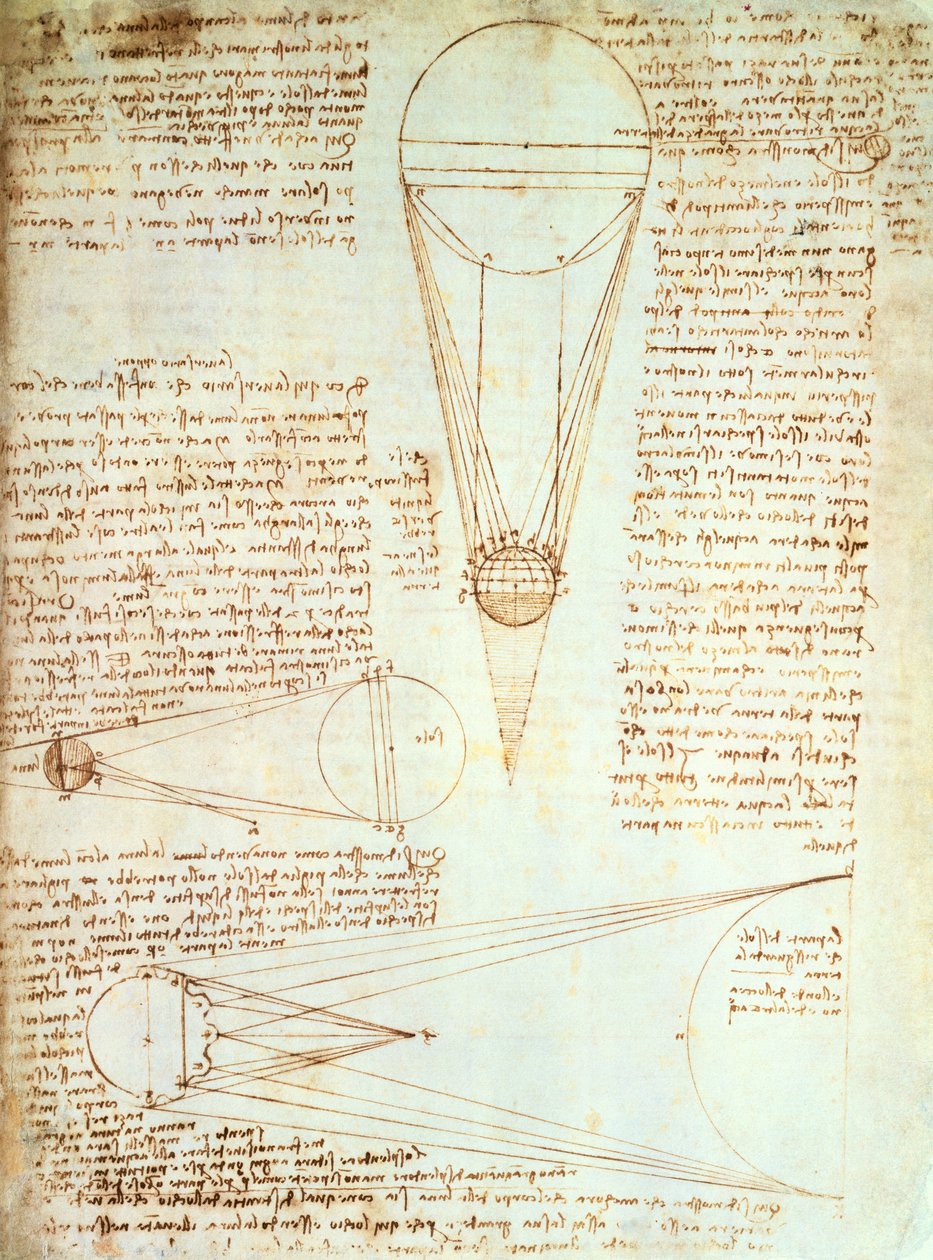 Estudos da Iluminação da Lua, fol. 1r de Codex Leicester, c.1506-08 de Leonardo da Vinci