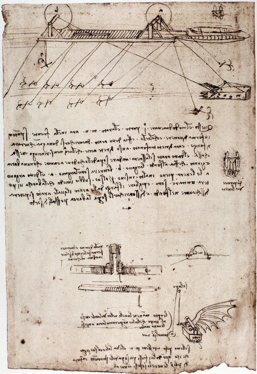 Estudo para uma draga marinha por Leonard de Vinci (Leonardo da Vinci) (1452 - 1519). Desenho com caneta e tinta. de Leonardo da Vinci