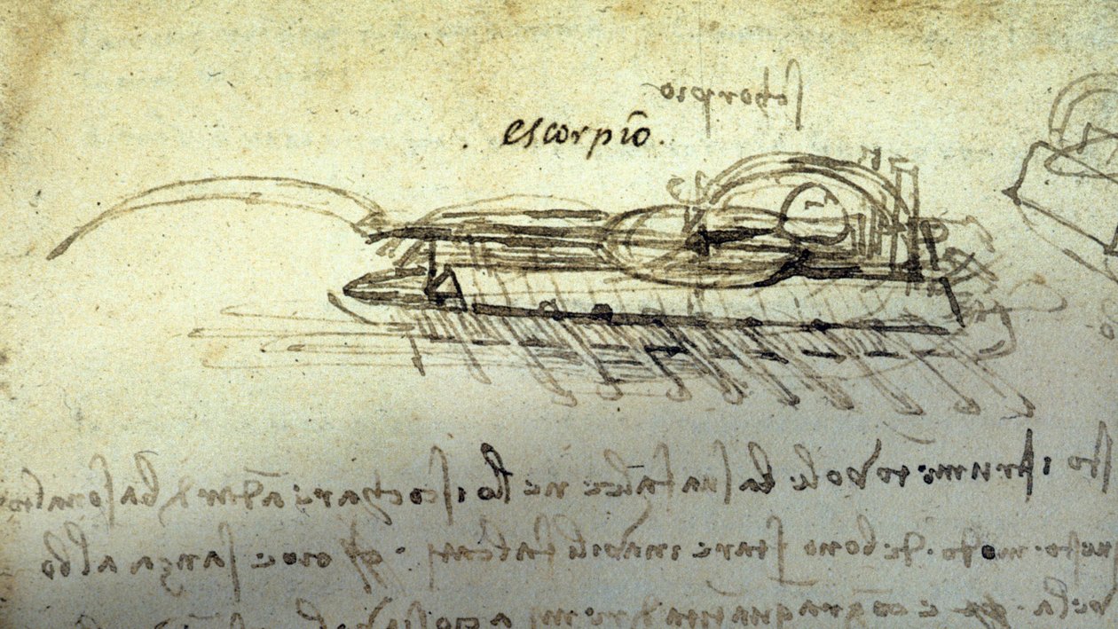 Estudo para uma máquina de guerra Escorpião de Leonard de Vinci (Leonardo da Vinci) (1452 - 1519). Desenho com caneta e tinta. de Leonardo da Vinci