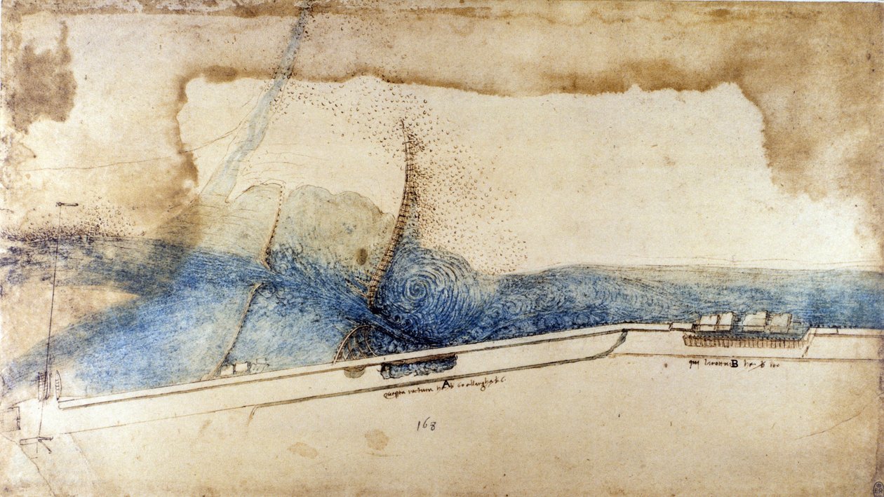 Estudo para o aproveitamento da força da água em máquinas hidráulicas (noria) por Leonard de Vinci (Leonardo da Vinci) (1452-1519). Desenho com caneta e tinta. de Leonardo da Vinci