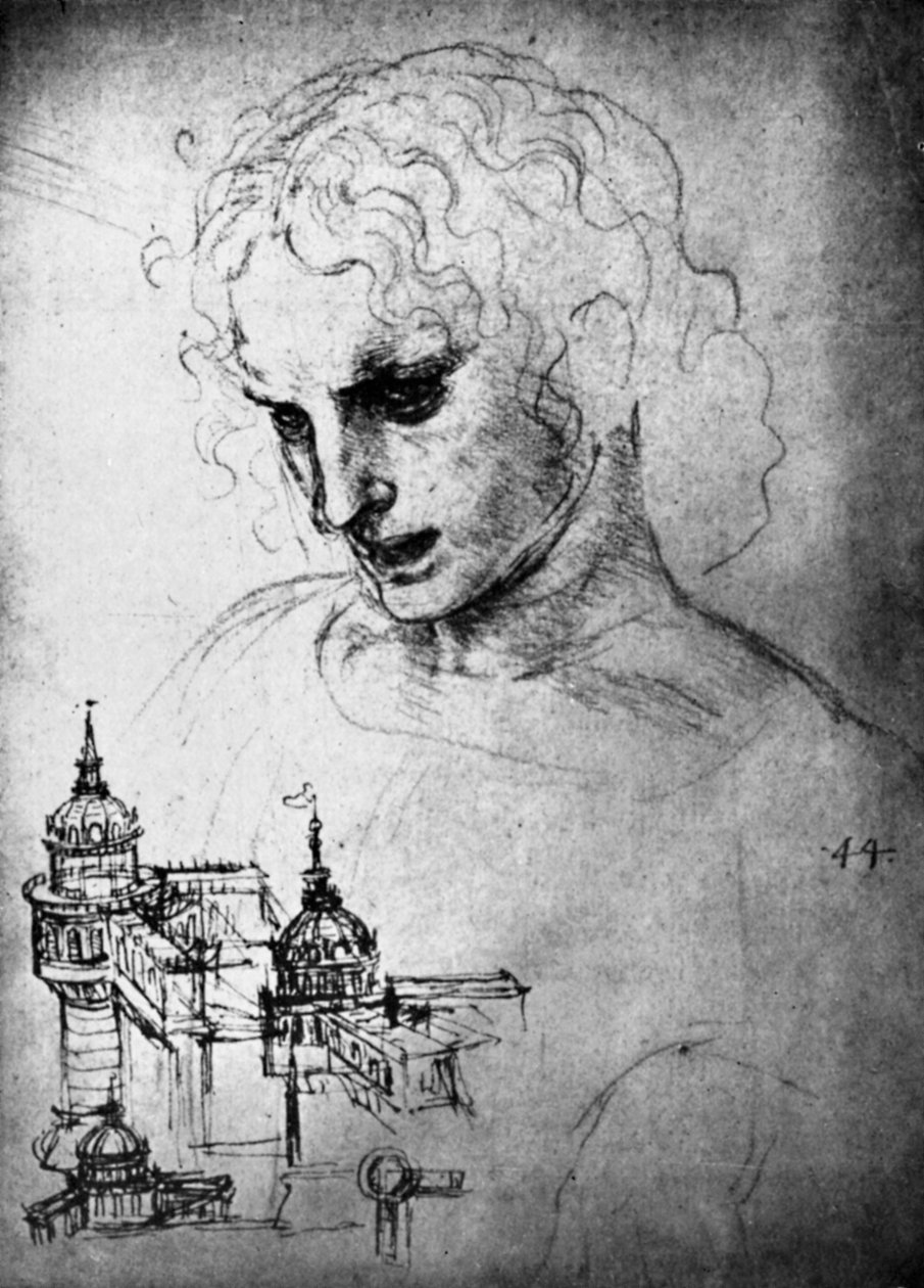 Estudo para a cabeça de St James e um desenho arquitetônico, século 15 1930. de Leonardo da Vinci
