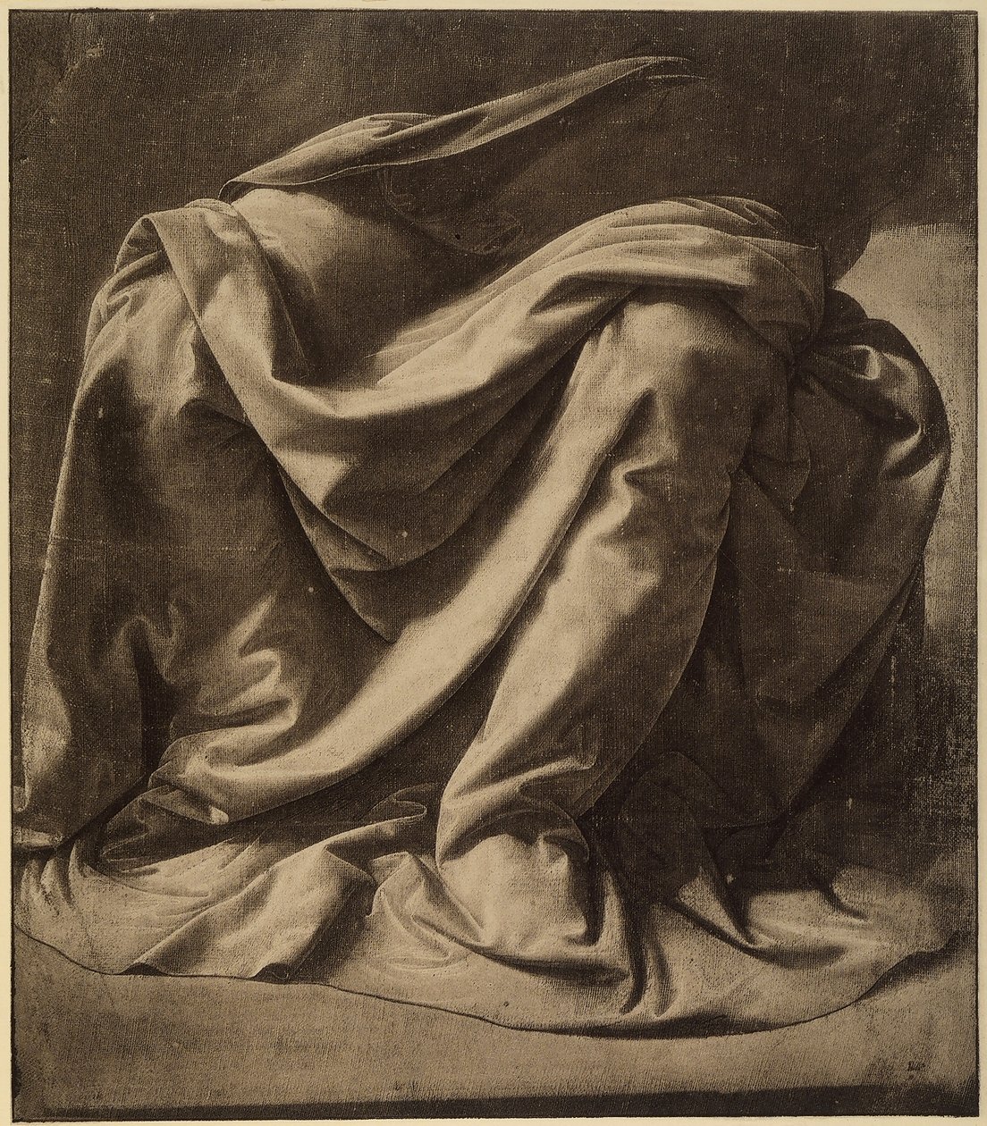 Estudo para o manto da Virgem na Anunciação hoje alojado no Uffizi; aquarela e preto aumentados com branco em tela muito fina, por Leonardo da Vinci. O louvre, paris de Leonardo da Vinci