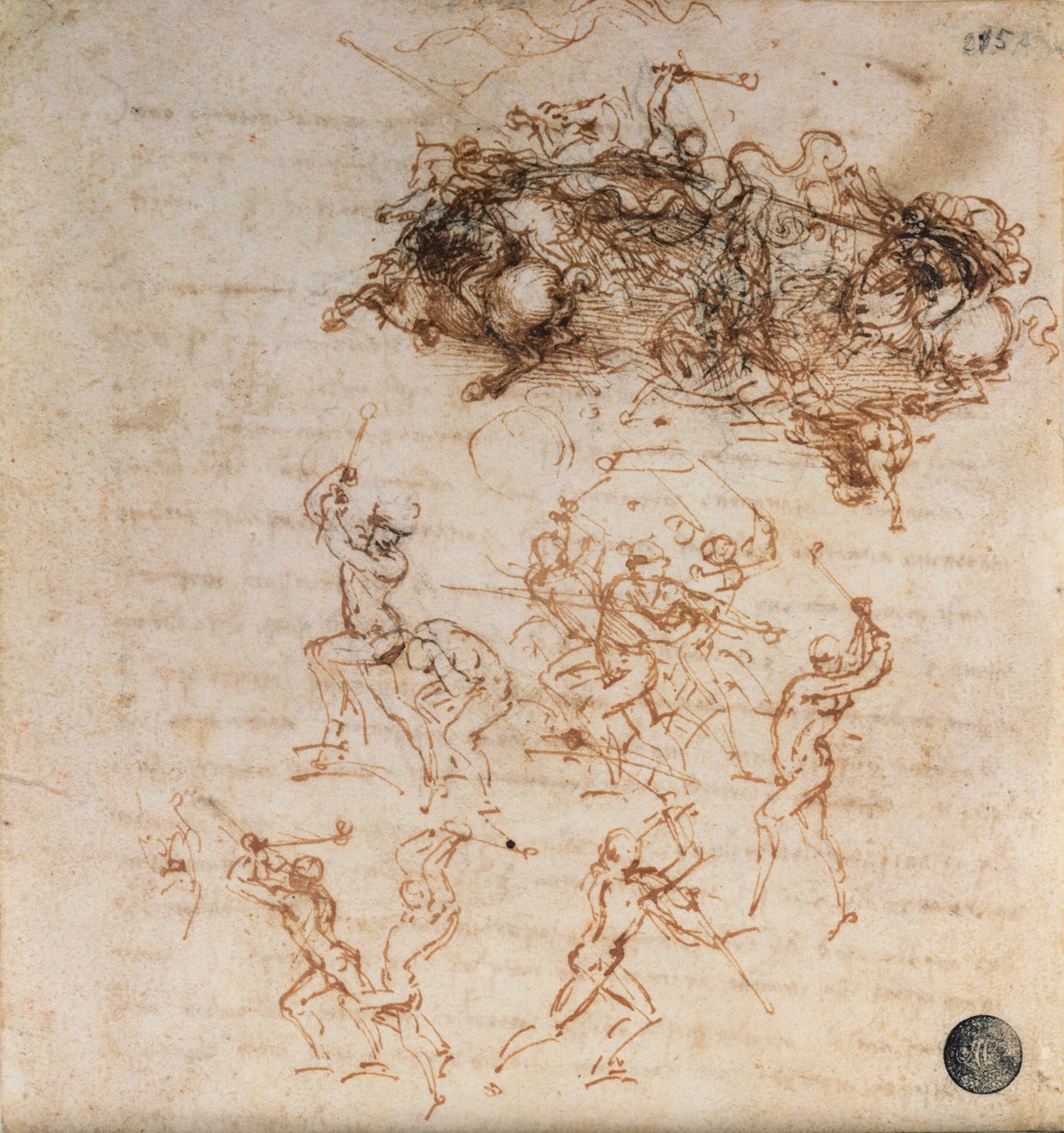 Estudo de Cavaleiros em Combate e Soldados de Pé, 1503 (caneta e tinta no papel) de Leonardo da Vinci