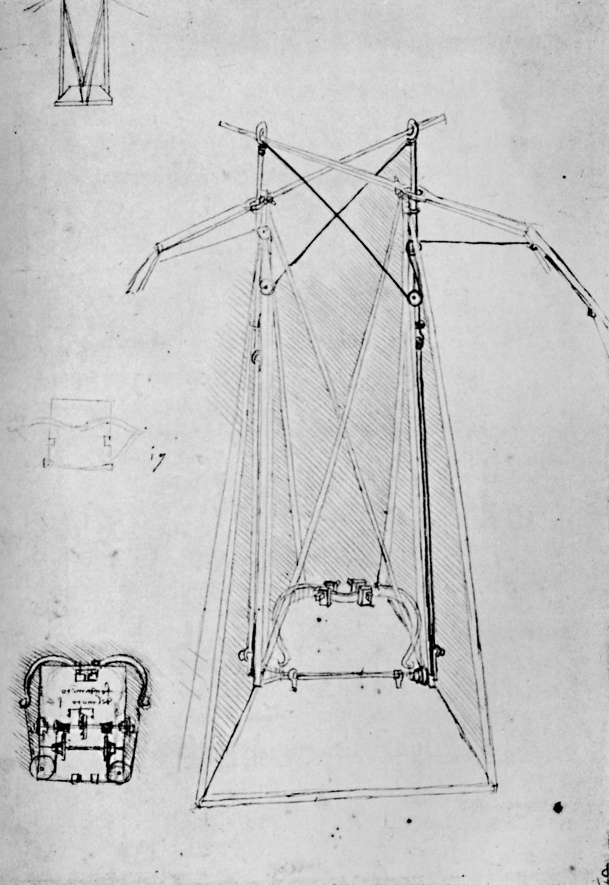 Estudo de Aparelho Motriz de Máquina Voadora com Plano Terrestre do Mecanismo de Base, 1928 de Leonardo da Vinci