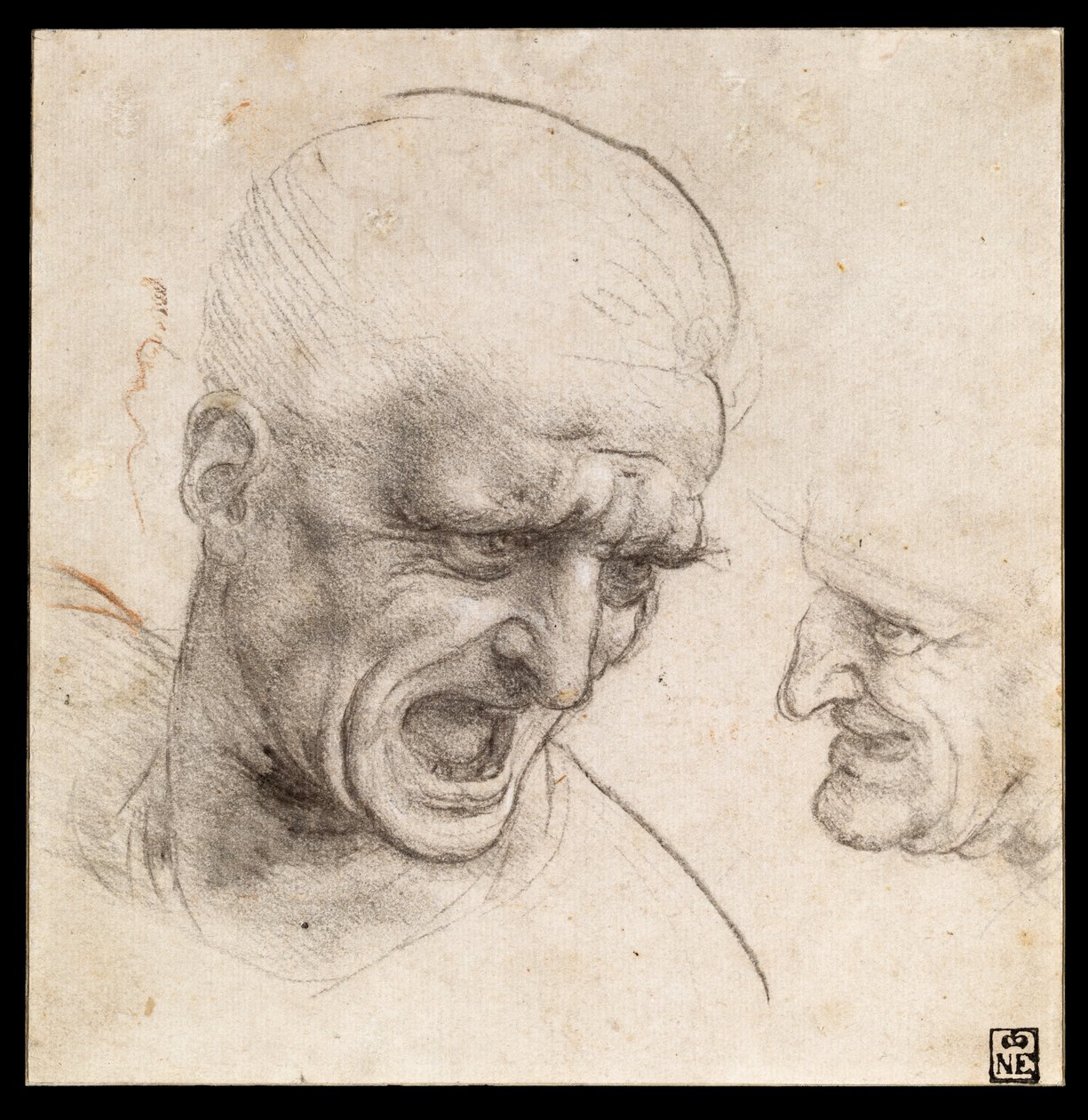 Estudo de cabeças de dois guerreiros para a batalha de Anghiari de Leonardo da Vinci