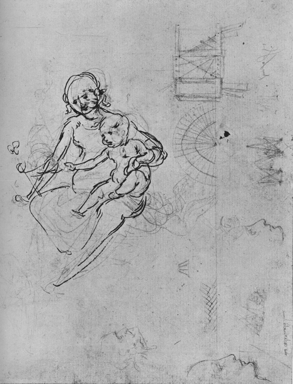 Estudo de uma Madonna e Criança, de Perfis e de Máquinas, 1478-1480 1945. de Leonardo da Vinci