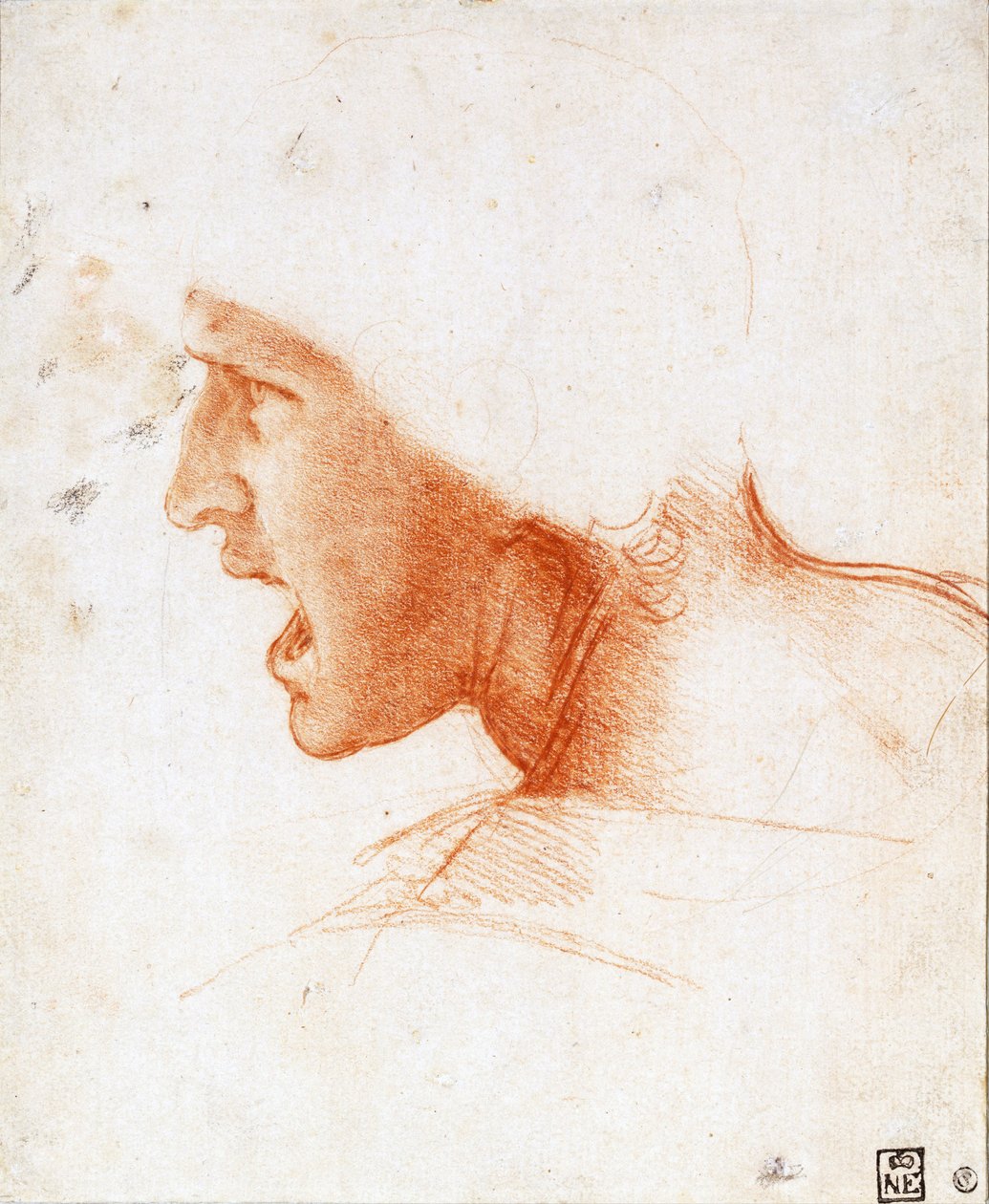 Estudo de uma cabeça de guerreiro para a batalha de Anghiari - Leonardo da Vinci (1452-1519) - 1504-1505 - Sangue sobre papel - 22,6x18,6 - Szepmuveszeti Muzeum, Budapeste de Leonardo da Vinci